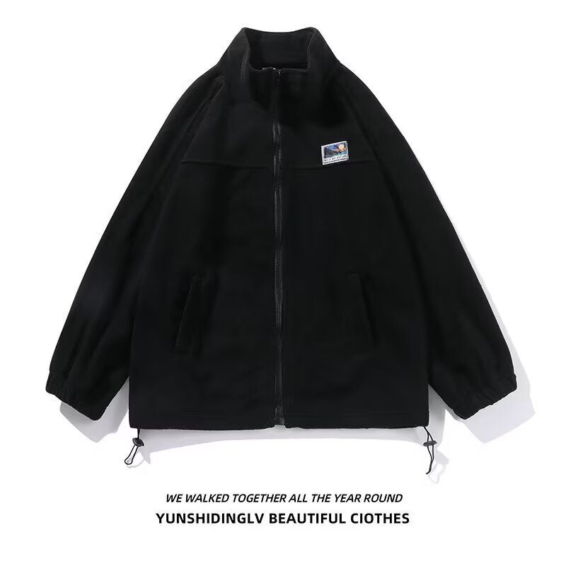 Men's Fleece Zip-Up Jacket – Streetwear Stand Collar Coat With Patch Detail (Black/Green/Khaki, M-3XL)_viptrois.com