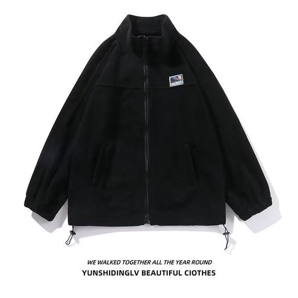 Men's Fleece Zip-Up Jacket – Streetwear Stand Collar Coat With Patch Detail (Black/Green/Khaki, M-3XL)_viptrois.com
