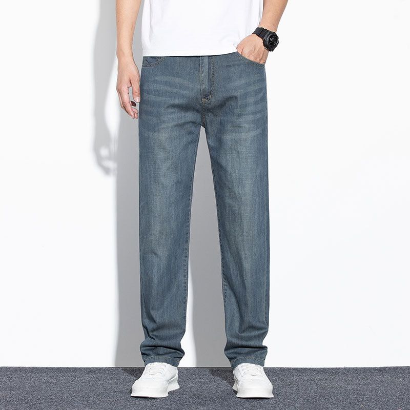 Men's Pure Cotton Cropped Jeans Summer Thin Straight Slim Fit New Loose Elastic Pants_viptrois.com