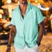 Summer Satin Stand Collar Button Short Sleeve Men Casual Loose Fit Plus Size Shirt_viptrois.com