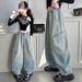 A501 Girls Gradient Denim Scimitar Wide Leg Pants Blue New Children's Miscellaneous European And American Jeans_viptrois.com