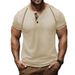 Men's New Waffle Henley T-Shirt Solid Color Vintage Insert Short Sleeve Top_viptrois.com