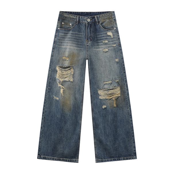 Men's Clothing Four Seasons Distressed Fashion Dirty Dyed Retro Wide Leg Jeans Casual_viptrois.com