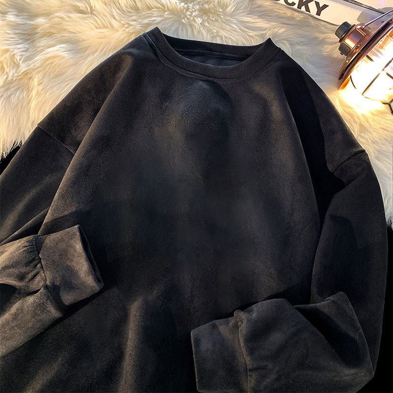 Men's Suede Fleece Hoodie, Long Sleeve Casual T-Shirt, Loose Fit Streetwear, Autumn Fashion, Basic Style, Multiple Colors_viptrois.com