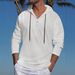 Men's Linen-Blend Hooded T-Shirt – Lightweight Long Sleeve Pullover With V-Neck, Casual Streetwear Essential (White/Black/Blue/Grey)_viptrois.com