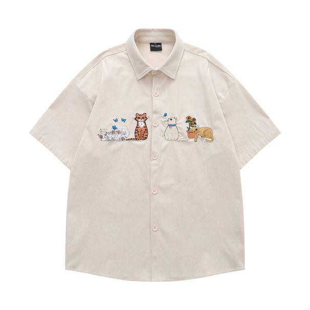 American Style Fun Cat Embroidery Corduroy Short Sleeved Shirt, Men's And Women's Trendy Brand Couple Loose Shirt_viptrois.com