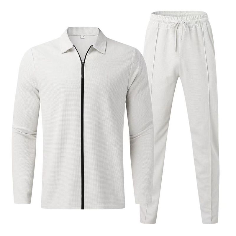 Men's Waffle Knit Zipper Cardigan Long Sleeve Two-Piece Set Collar Casual Spring Autumn_viptrois.com
