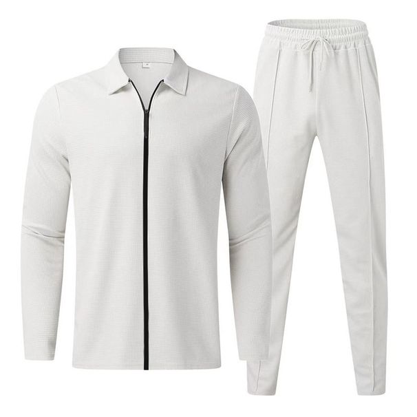Men's Waffle Knit Zipper Cardigan Long Sleeve Two-Piece Set Collar Casual Spring Autumn_viptrois.com