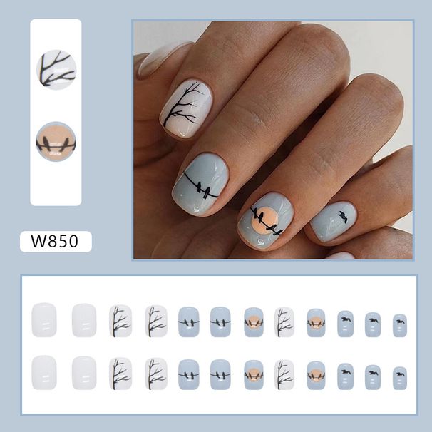 Nails Art Short Blue Sunset Afterglow Trunk Bird Group Silhouette Nail Art White Ins Wind Wearing Nail Pieces_viptrois.com