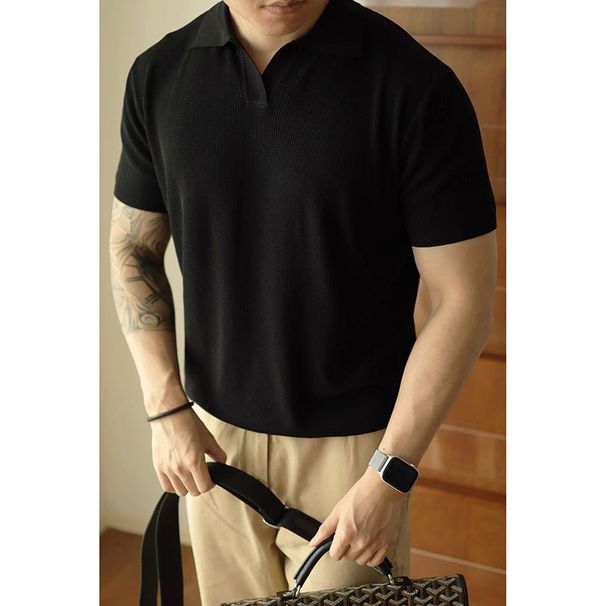 Men's Clothing Knitted Sweater Ice Silk Short Sleeved Men's Slim Business Polo Shirt V Neck Trendy T Shirt_viptrois.com