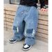 24 Spring And Summer New Children's Clothing Horse Brand Children's Thin Straight Jeans Boys And Girls Washed Hole Denim Pants_viptrois.com