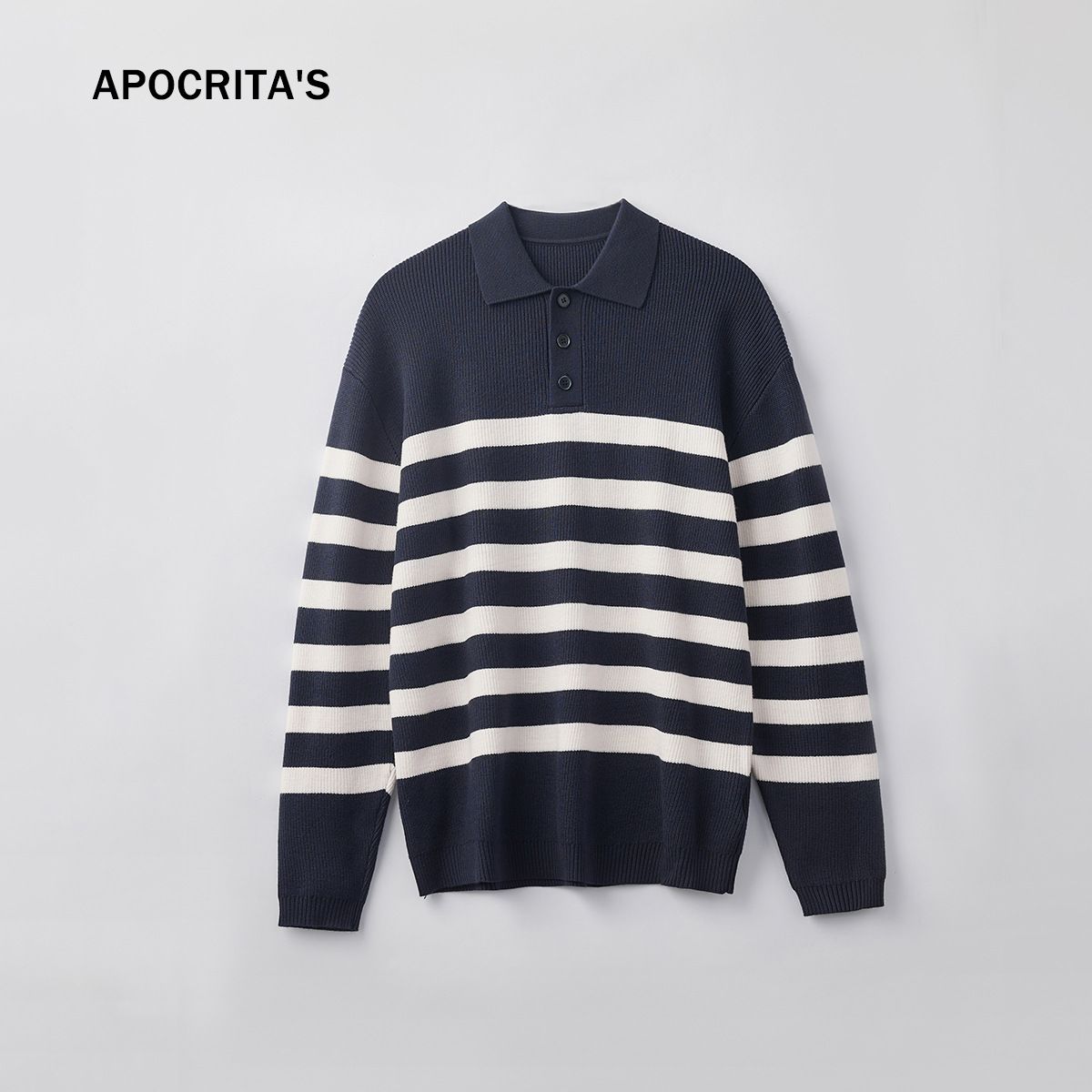 Nordmann APO Clothing|Cross-Border Men's Sweater High-End Loose Turn-Down Collar Color-Block Striped Polo Knit Long Sleeve Top_viptrois.com