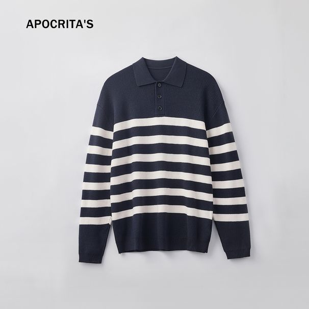Nordmann APO Clothing|Cross-Border Men's Sweater High-End Loose Turn-Down Collar Color-Block Striped Polo Knit Long Sleeve Top_viptrois.com