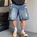 Retro American plus Size Men's Denim Shorts Casual Distressed Straight Leg Loose Fit Five Point Pants up to 300 Lbs_viptrois.com