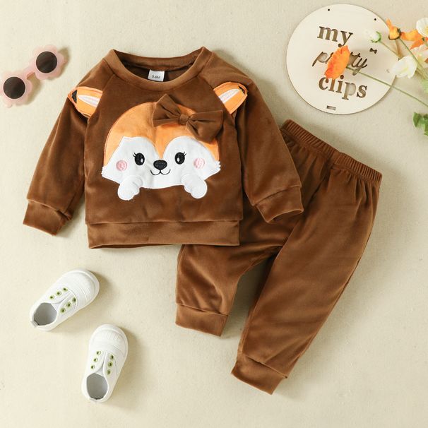 Babies' clothes Infant girl plus velvet suit girls fox embroidered long-sleeved top trousers bowknot two-piece set_viptrois.com
