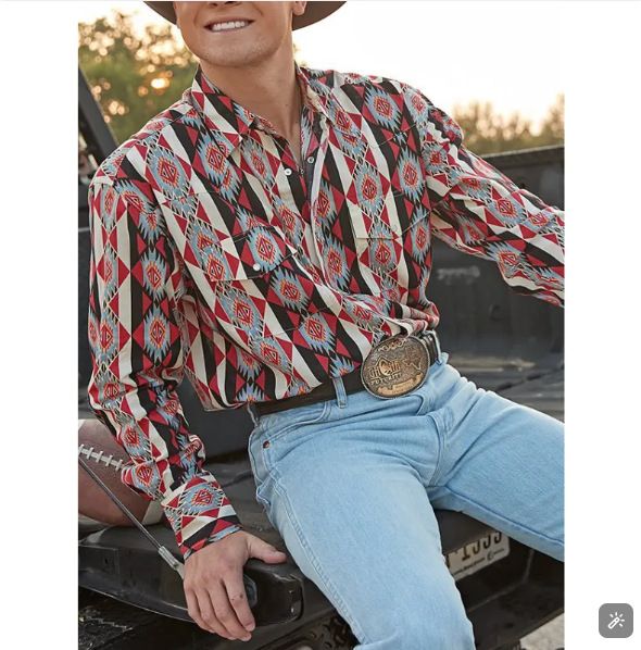 CT Western Style Colorful Striped Casual Sleeve Men's Long Shirt_viptrois.com