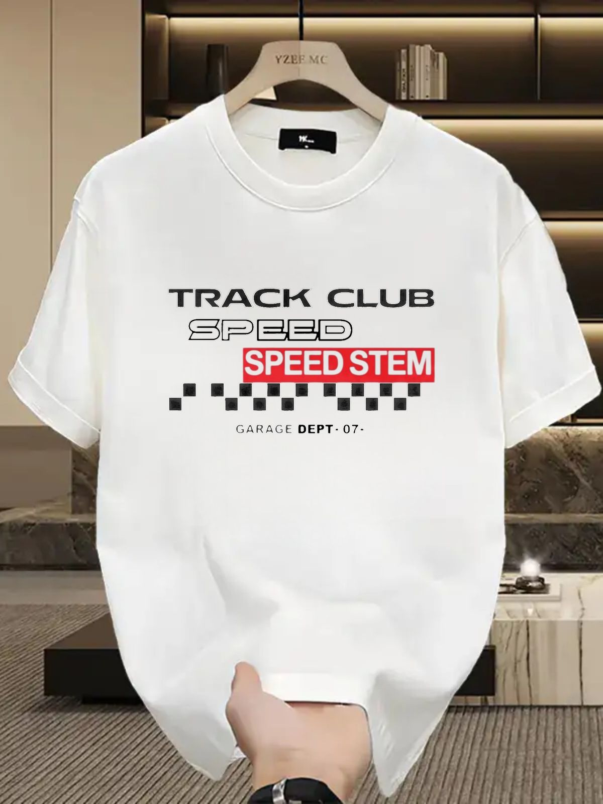 Men's 100% Cotton Short Sleeve T-Shirt With "TRACK CLUB SPEED STEM" Racing Logo, Casual Loose Fit, Streetwear Style_viptrois.com