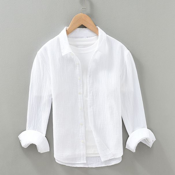 2026 Double Layer Gauze Shirt For Men, Korean Style Slim Fit Wrinkled Pure Cotton Long Sleeve White Shirt, Casual Handsome_viptrois.com