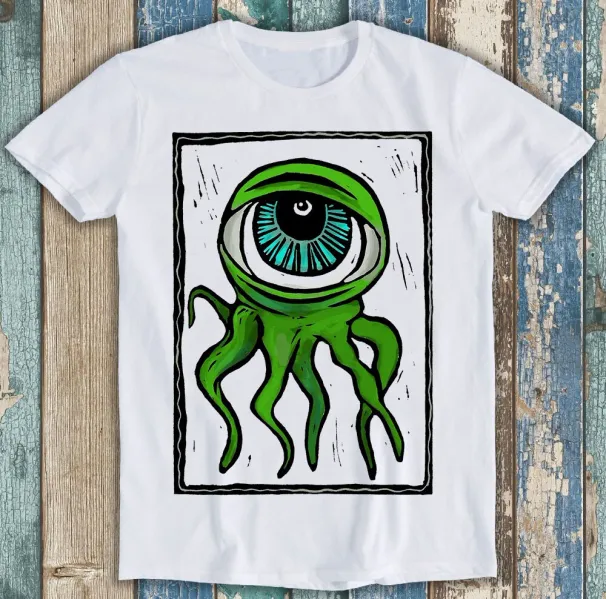 Eyeball Octopus Monster Green Woodcut Design Funny Gift Tee T Shirt Mens Womens Tees Top M1498_viptrois.com