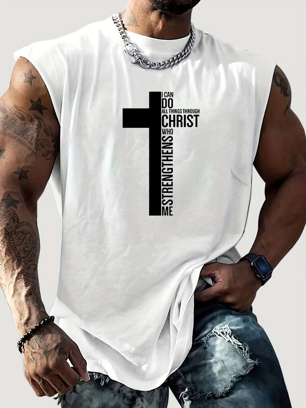 100% Pure Cotton Men's Summer Casual Sports Fitness Loose Cross Letter Pattern Printed Breathable Round Neck Sleeveless Vest_viptrois.com