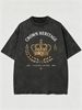 Vintage Washed T-Shirt, Men's Retro Golden Crown & Laurel Graphic, Luxury Royal Style, Casual Loose Street Tee_viptrois.com