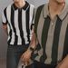 Men's Summer Stripe Knit Polo Shirt With Hollow Design, Loose Fit Casual Short Sleeve Top, Black & White Contrast_viptrois.com