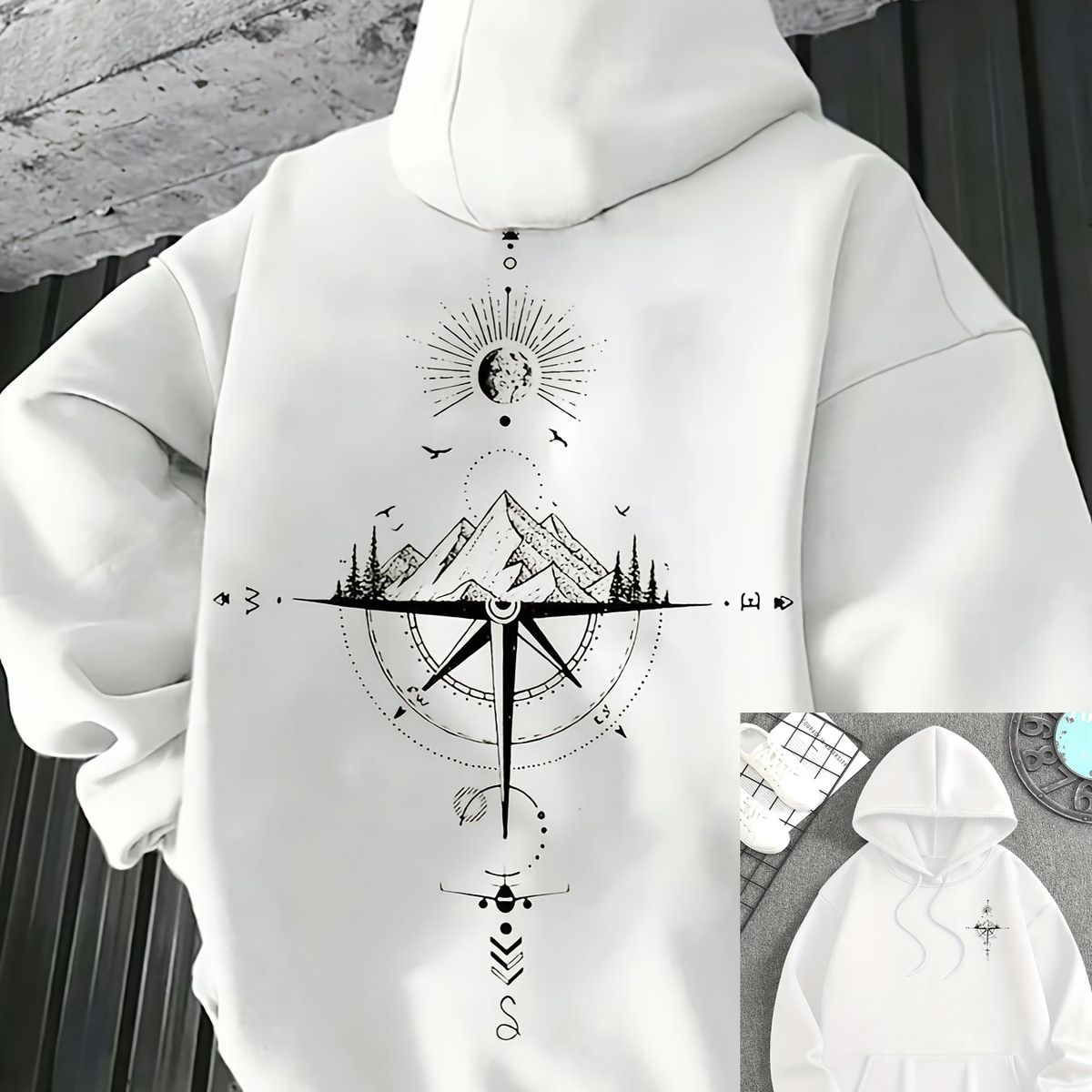 Men's Autumn And Winter Casual Fashionable Loose Hooded Sweatshirt With Mountain And Compass Print Warm Long Sleeved Pullover Sweater_viptrois.com