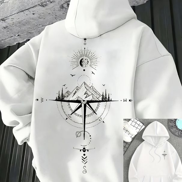 Men's Autumn And Winter Casual Fashionable Loose Hooded Sweatshirt With Mountain And Compass Print Warm Long Sleeved Pullover Sweater_viptrois.com