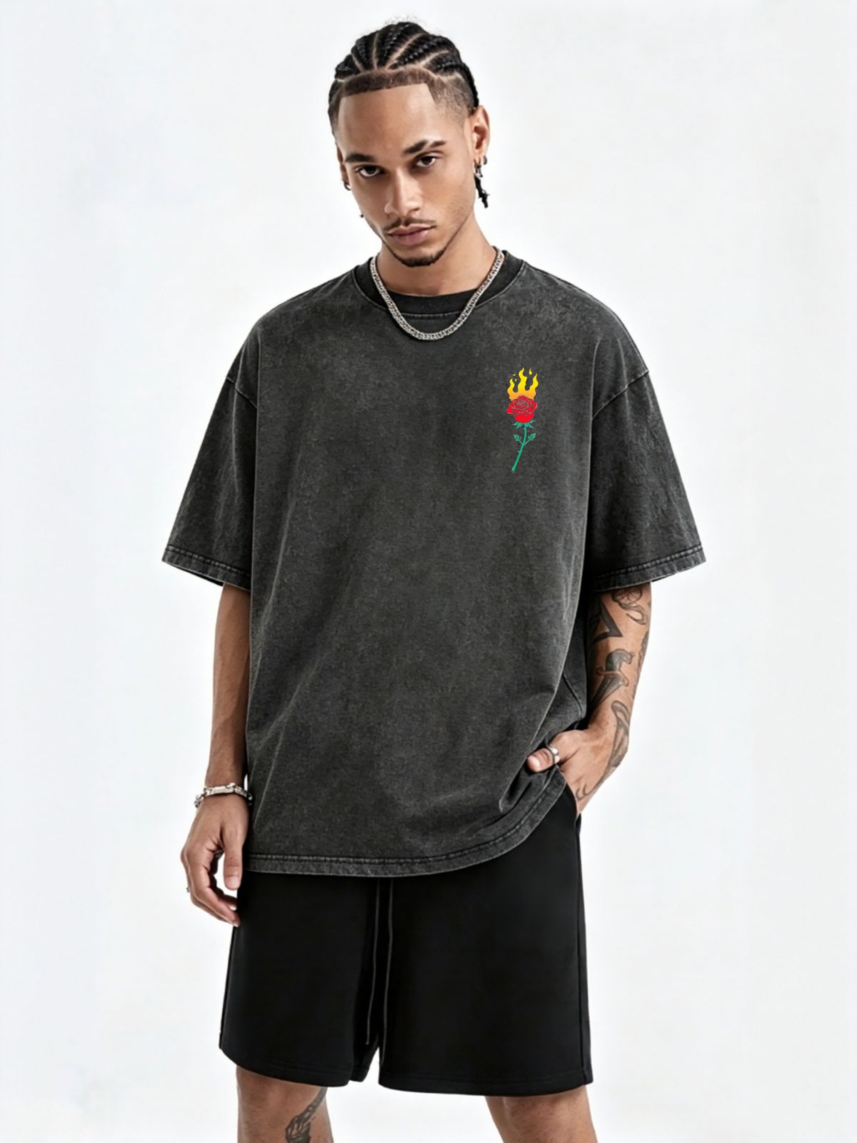 230g Washed Men T-Shirt Gradient Fire Red Rose Floral Print Short Sleeve Crew Neck Casual Streetwear Top_viptrois.com
