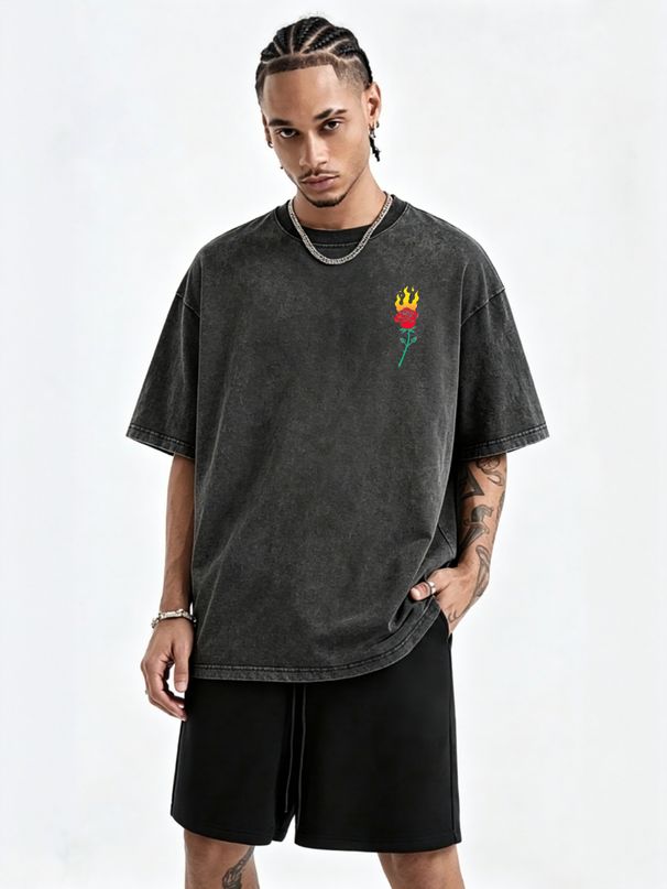 230g Washed Men T-Shirt Gradient Fire Red Rose Floral Print Short Sleeve Crew Neck Casual Streetwear Top_viptrois.com