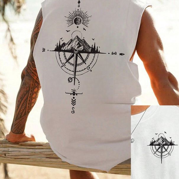 100% Pure Cotton Men's Summer Casual Sports Fitness Loose Compass And Mountain Peak Pattern Printed Breathable Round Neck Sleeveless Vest_viptrois.com