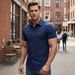 Men's Clothing Men's Short-Sleeved Collared Shirt Muscle Fitness Stretch Solid Color Sports Casual Cardigan Style Summer_viptrois.com
