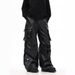 Men's Clothing Retro High End American Multi Pocket Shiny Leather Pants PU Leather Overalls Niche Functional Loose Wide Leg Casual Pants_viptrois.com