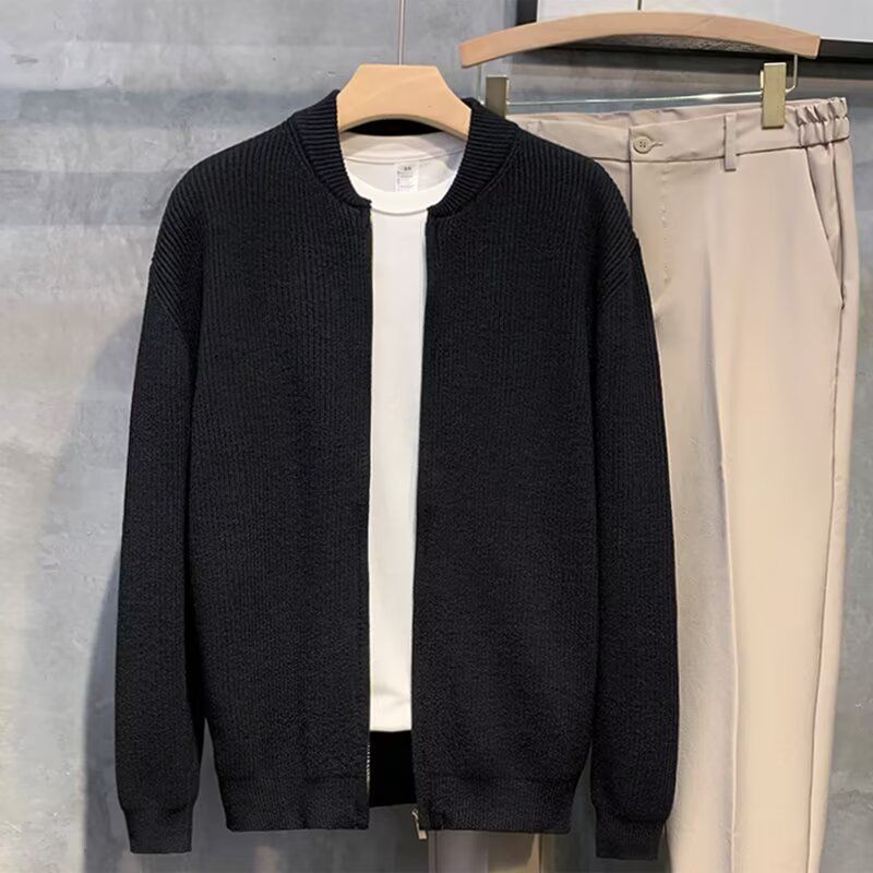Men's Dual-Zip Cardigan Sweater – Minimalist Knit Jacket With Asymmetric Closure (M-3XL, Grey/Black/Beige/Khaki)_viptrois.com