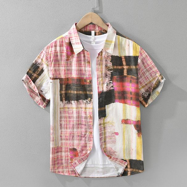 Trendy Patchwork Printed Short Sleeved Shirt, Fashionable And Versatile, Artistic And Casual Loose Top, Men's Clothing_viptrois.com