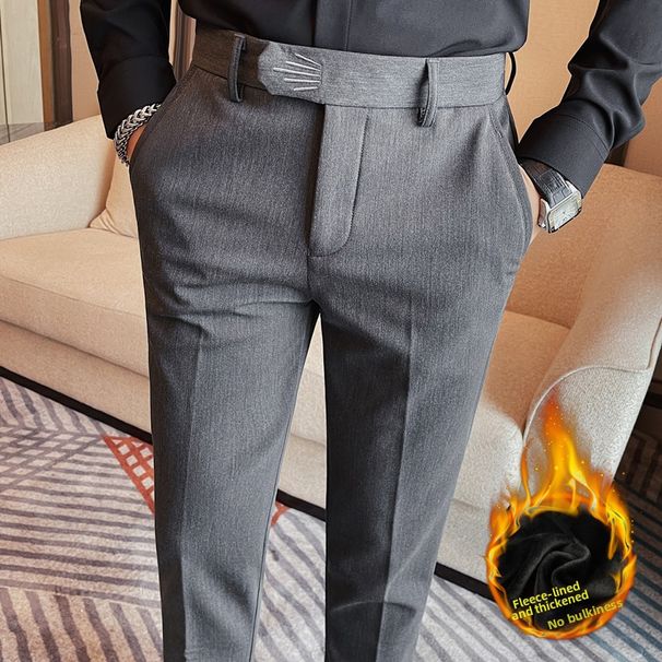 Winter Men's Fleece Lined Dress Pants Korean Style Slim Fit Solid Color Thickened Warm Straight Leg Thick Style_viptrois.com