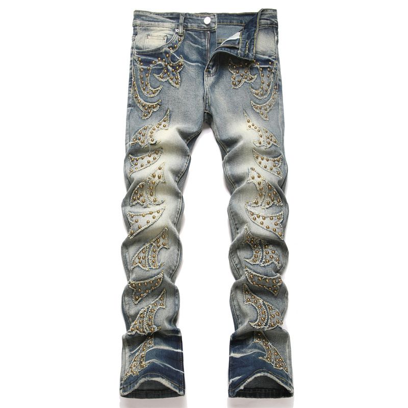 Punk Blue Slim Elastic Orange Patch Youth Straight Flared Men's Jeans_viptrois.com