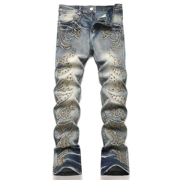 Punk Blue Slim Elastic Orange Patch Youth Straight Flared Men's Jeans_viptrois.com