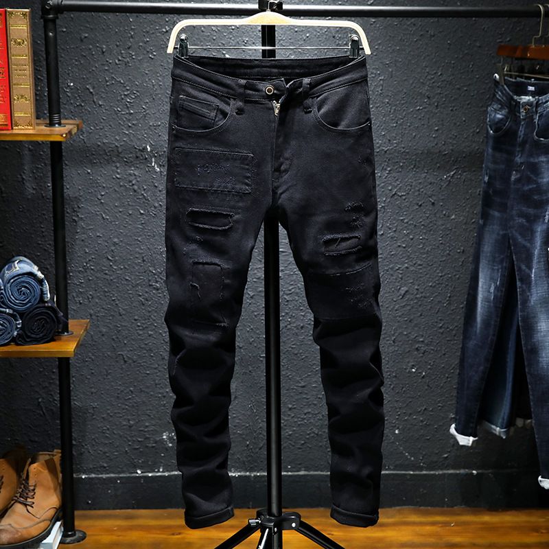 Men's Clothing 2024winter men's ripped jeans slim fit stretch youth fashion small feet mid-waist trousers_viptrois.com
