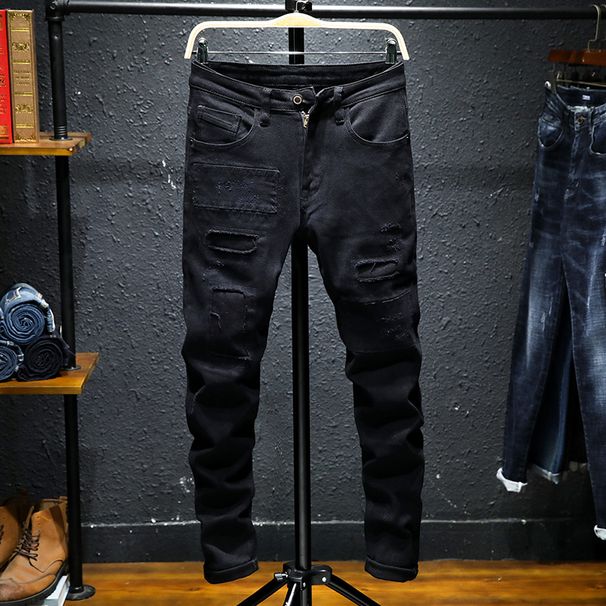 Men's Clothing 2024winter men's ripped jeans slim fit stretch youth fashion small feet mid-waist trousers_viptrois.com