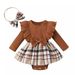 Baby clothing cartoon bear print long sleeve triangle dress + plaid skirt + headband_viptrois.com