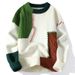 Men’s Patchwork Knit Sweater – Oversized Color Block Pullover, Machine Washable Polyester Blend (Winter Streetwear, Youth Fashion, Unisex Casual)_viptrois.com