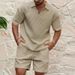 Men's Clothing Sports Suit Men's Summer Solid Color Casual Trend Breathable Small Plaid Lapel Shirt T Shirt Shorts Suit_viptrois.com