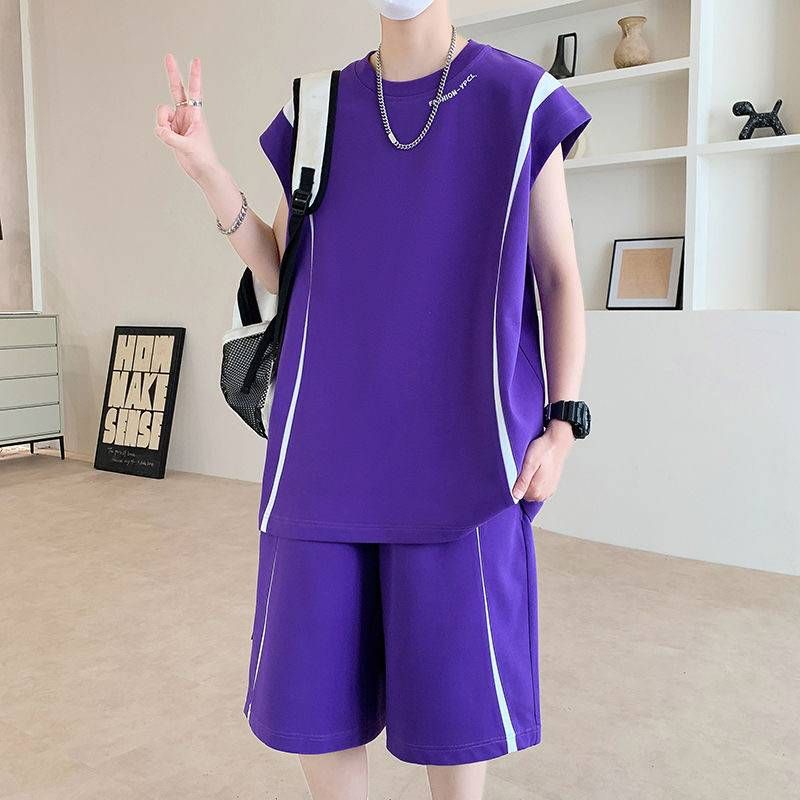 2025 Summer New Men's Sleeveless T-shirt Set Versatile Trendy Ice Feel Leisure Sports Two Piece Set_viptrois.com