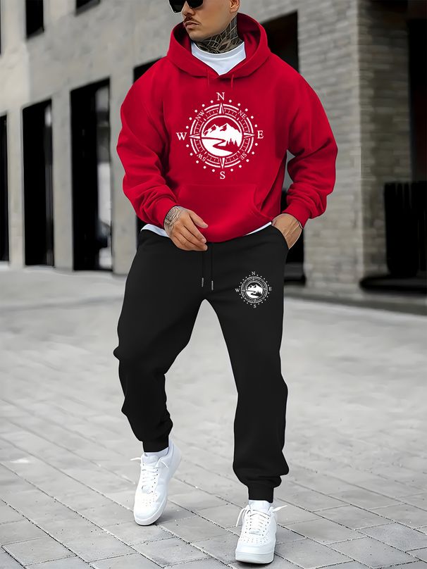 Men's Autumn And Winter Casual Fashion Compass And Mountain Pattern Printed Loose Suede Thick Hooded Sweatshirt+sports Pants Set_viptrois.com