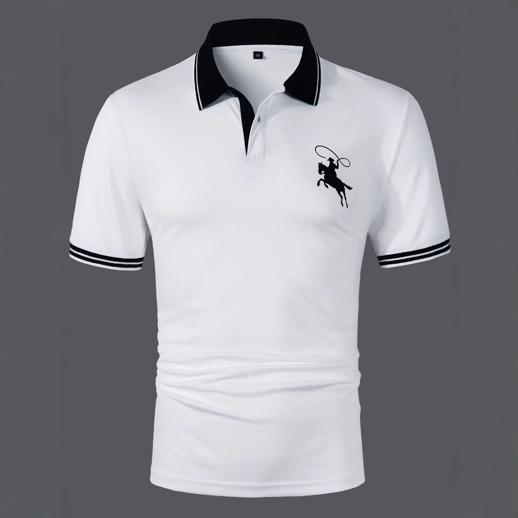 Men's Printed Polo Shirt - Short Sleeve Casual Tight Lapel Shirt, Breathable Polyester Fashion Top For Summer, Slim Fit (White) Sizes S-XXL_viptrois.com