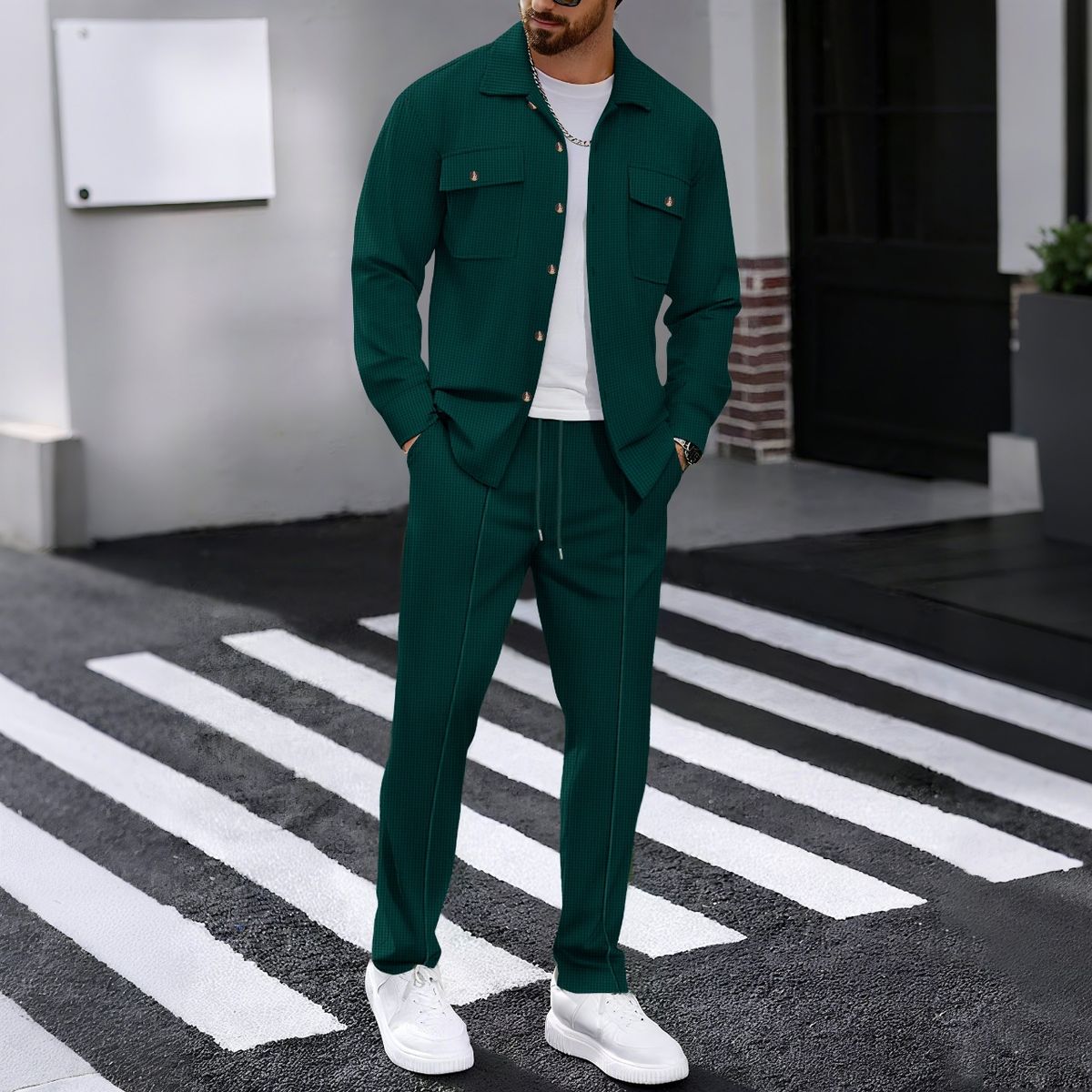 European And American Autumn New Waffle Long Sleeved Trousers Two Piece Suit Solid Color Double Pocket Workwear Cardigan Shirt Suit_viptrois.com