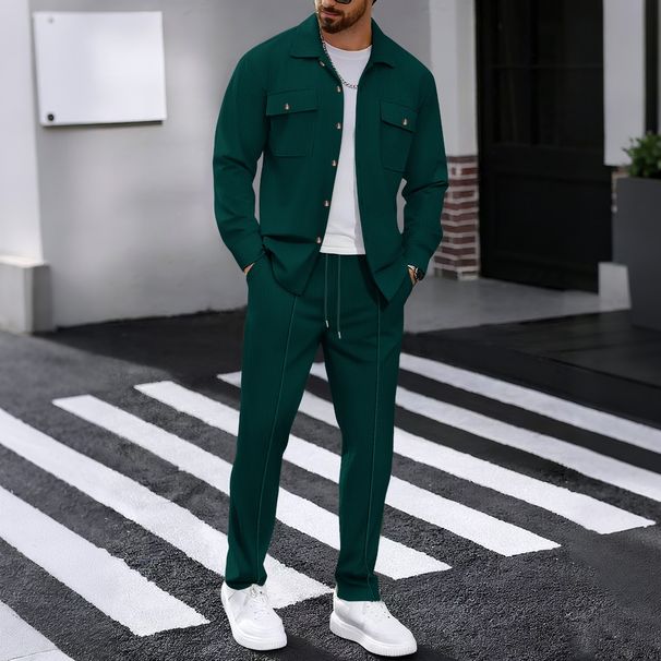 European And American Autumn New Waffle Long Sleeved Trousers Two Piece Suit Solid Color Double Pocket Workwear Cardigan Shirt Suit_viptrois.com