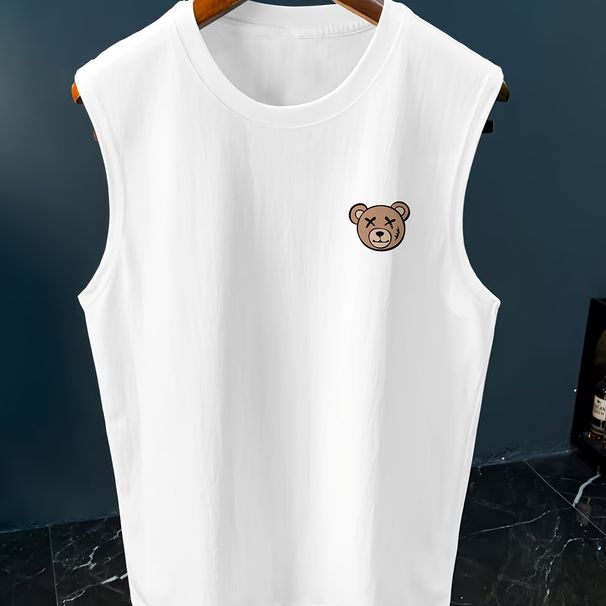 100% Pure Cotton Men's Summer Casual Sports Fitness Loose Bear Pattern Printed Breathable Round Neck Sleeveless Vest_viptrois.com
