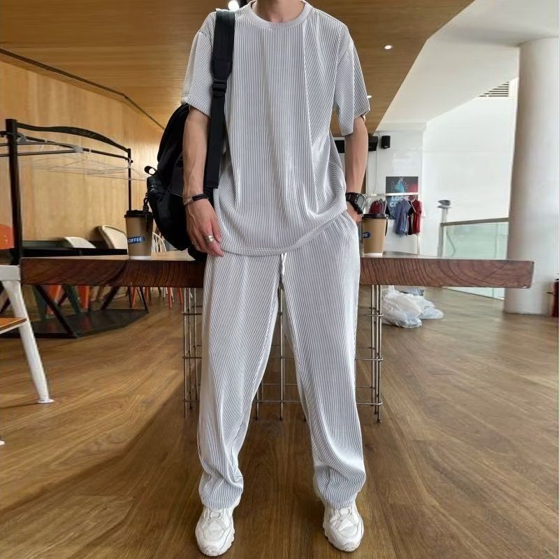 Men's Clothing Spring and summer casual suit men's ice silk thin short sleeved T shirt trousers men's full set of sportswear summer two piece suit_viptrois.com